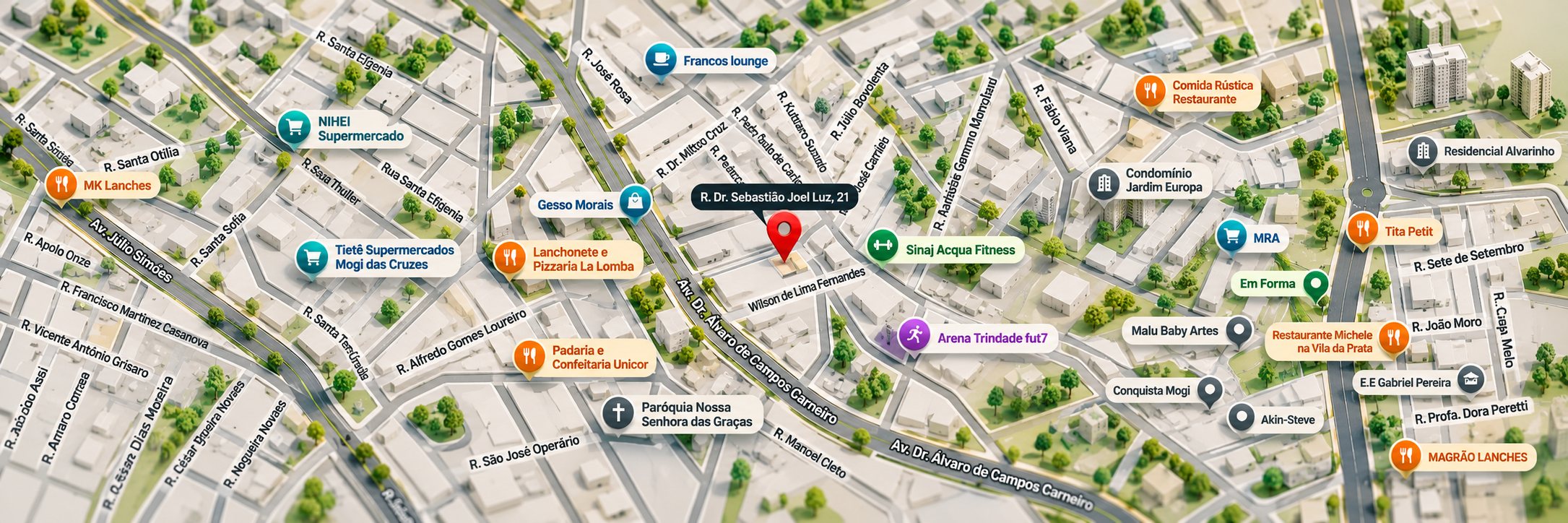 Mapa 3D da região com pontos de interesse ao redor da Rua Dr. Sebastião Joel Luz, 21